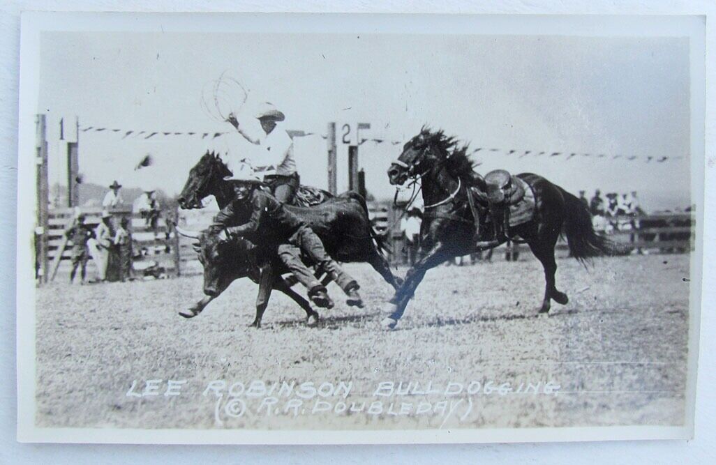 RPPC VINTAGE PHOTO POSTCARD RODEO LEE ROBINSON BULLDOGGING horses