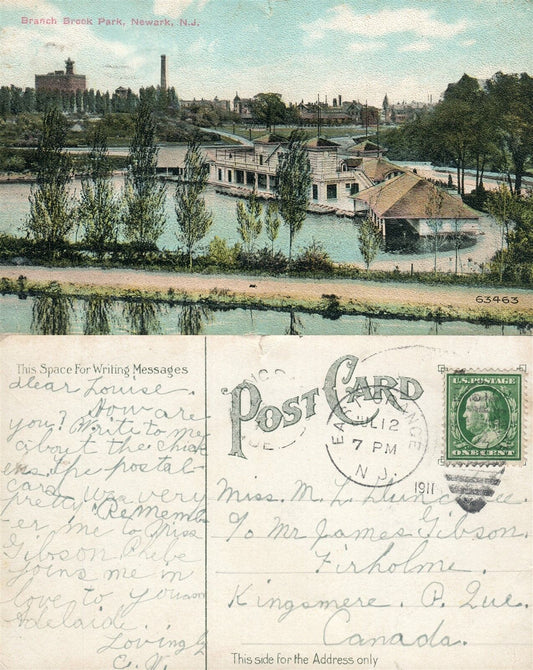 NEWARK N.J. BRANCH BROOK PARK 1911 ANTIQUE POSTCARD w/ CORK CANCEL