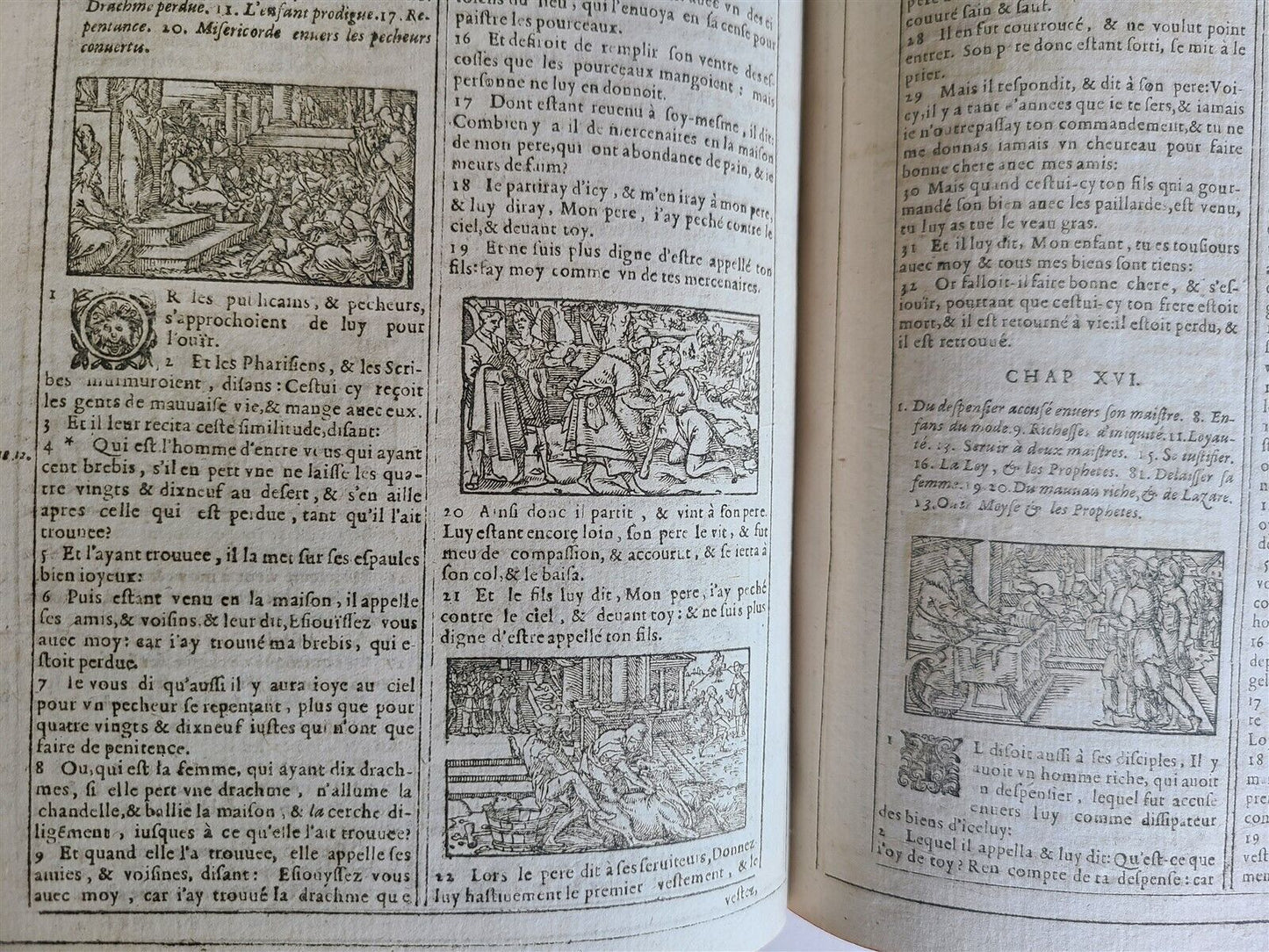 1620 BIBLE in FRENCH ANTIQUE ILLUSTRATED w/ 215 WOODCUTS !