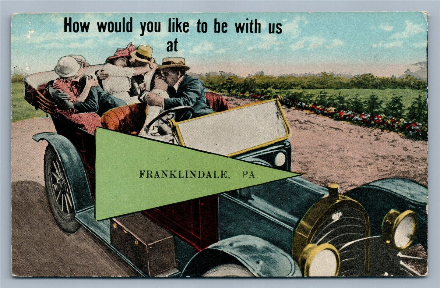 FRANKLINDALE PA KISSING COUPLES IN OLD CAR ANTIQUE POSTCARD