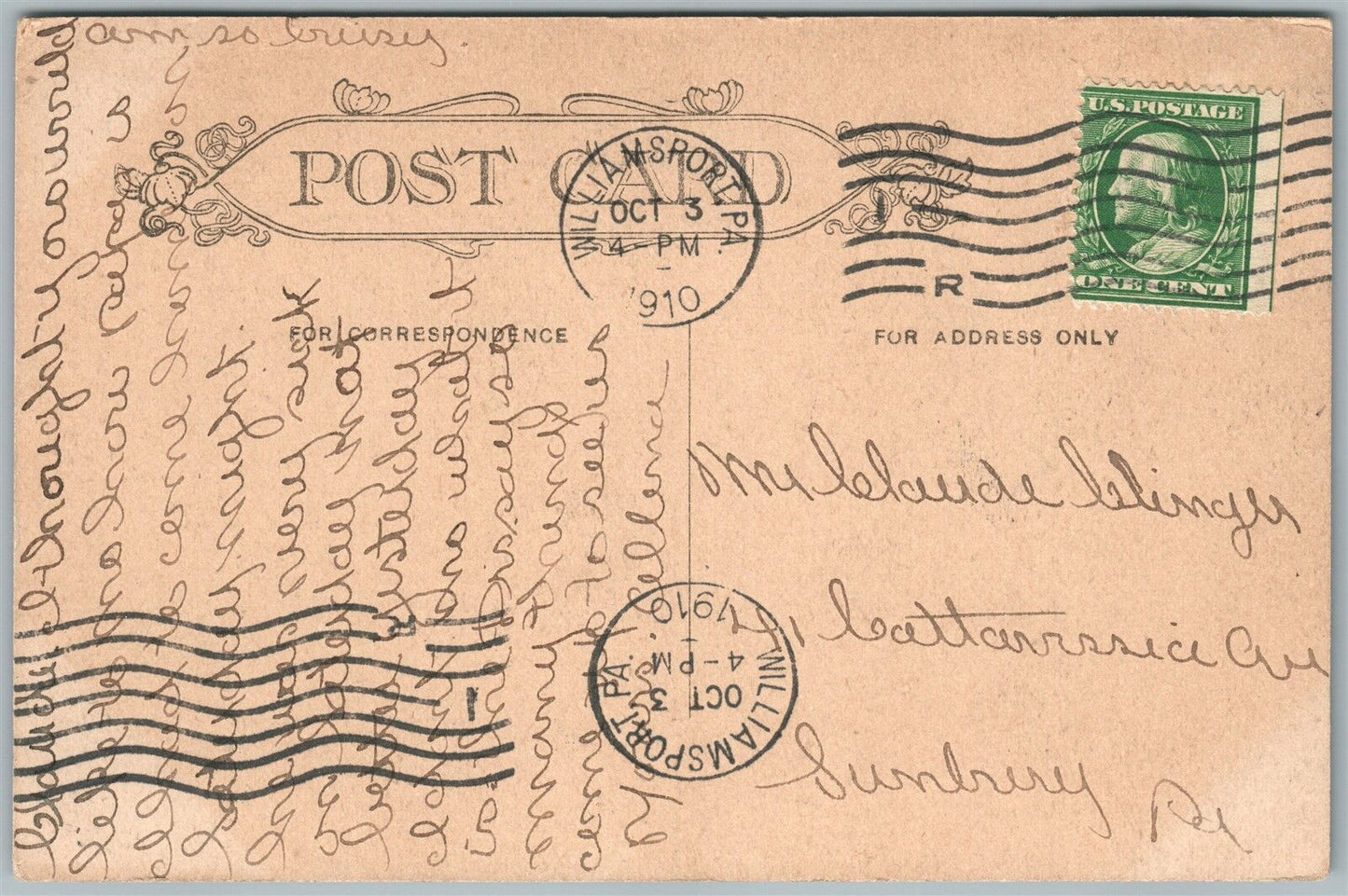 WILLIAMSPORT PA LOYALSOCK CREEK 1910 ANTIQUE POSTCARD