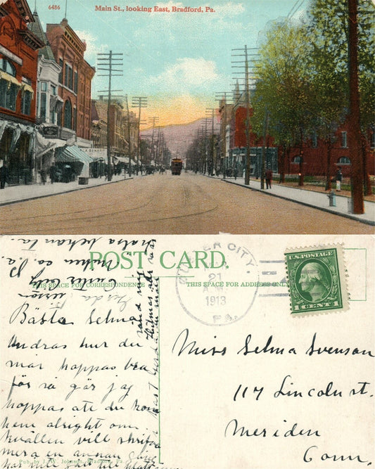 BRADFORD PA MAIN STREET LOOKING EAST 1913 ANTIQUE POSTCARD
