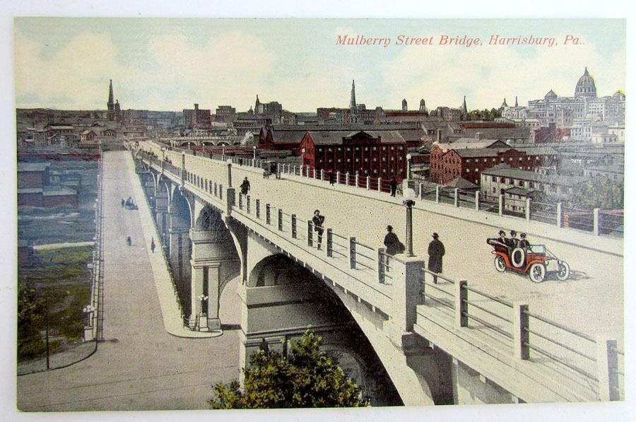 VINTAGE POSTCARD MULBERRY STREET BRIDGE HARRISBURG PA car automobile