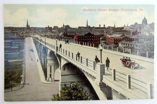 VINTAGE POSTCARD MULBERRY STREET BRIDGE HARRISBURG PA car automobile