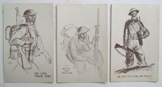 lot of 3 ANTIQUE MILITARY THEME POSTCARDS ARTIST SIGNED by MARSHALL DAVIS