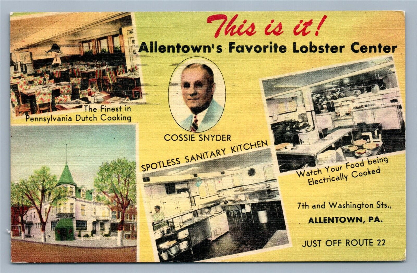 ALLENTOWN PA LOBSTER CENTER RESTAURANT ADVERTISING VINTAGE POSTCARD