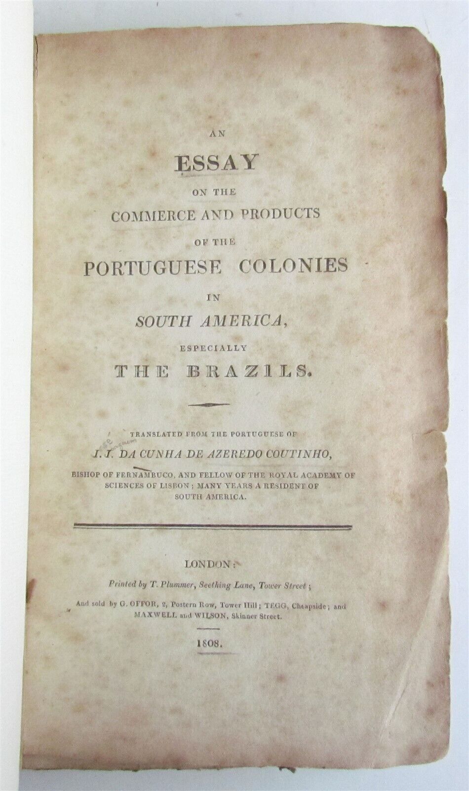 1801 BRAZIL Commerce & Products of Portuguese Colonies in South America antique