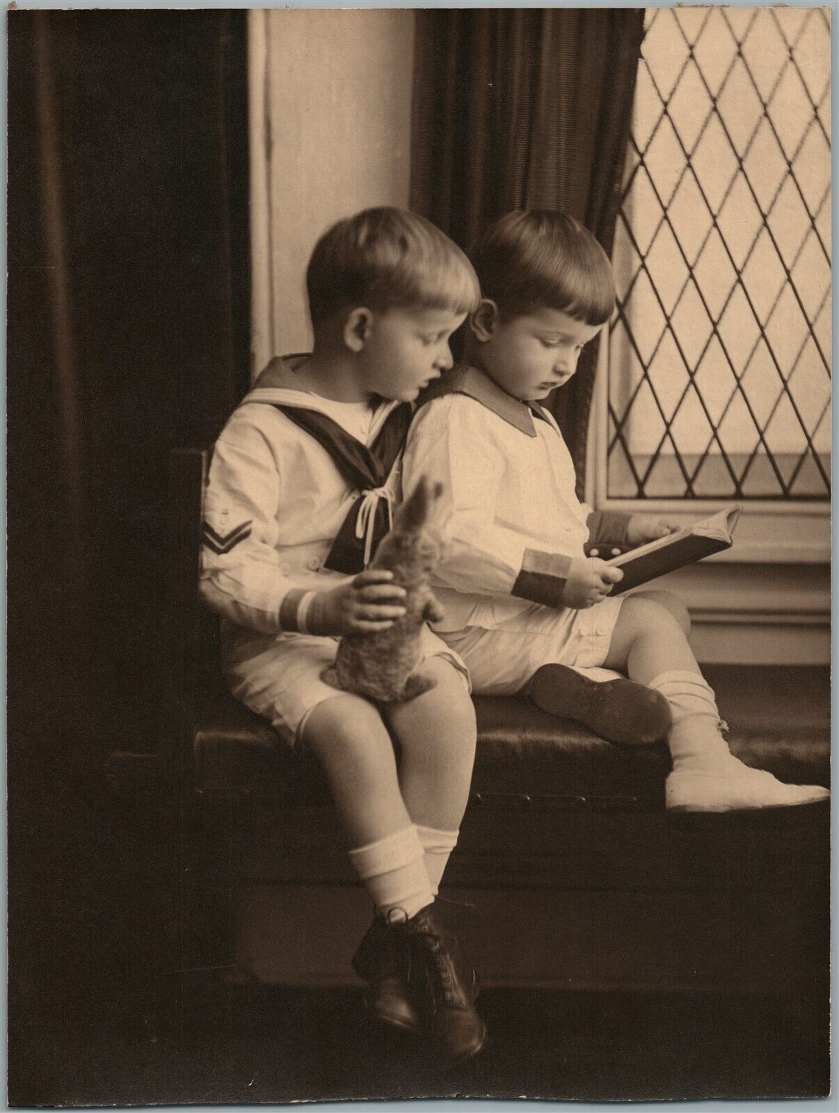 BOYS w/ TOY RABBIT ANTIQUE PHOTO 7 by 9.5"