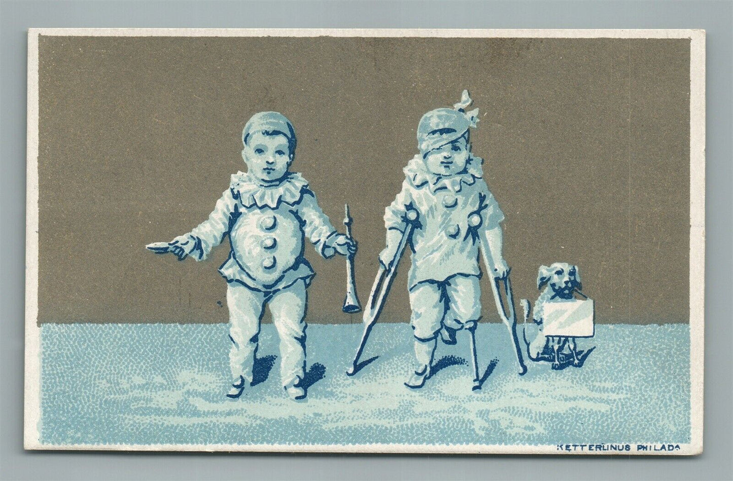 KETTERLINUS PHILADELPHIA PA ADVERTISING ANTIQUE TRADE CARD BEGGAR BOYS w/ DOG