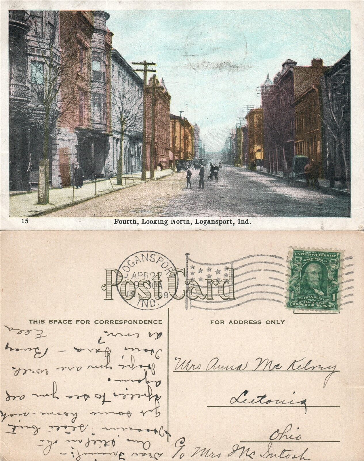 LOGANSPORT IN FOURTH LOOKING NORTH ANTIQUE 1908 POSTCARD