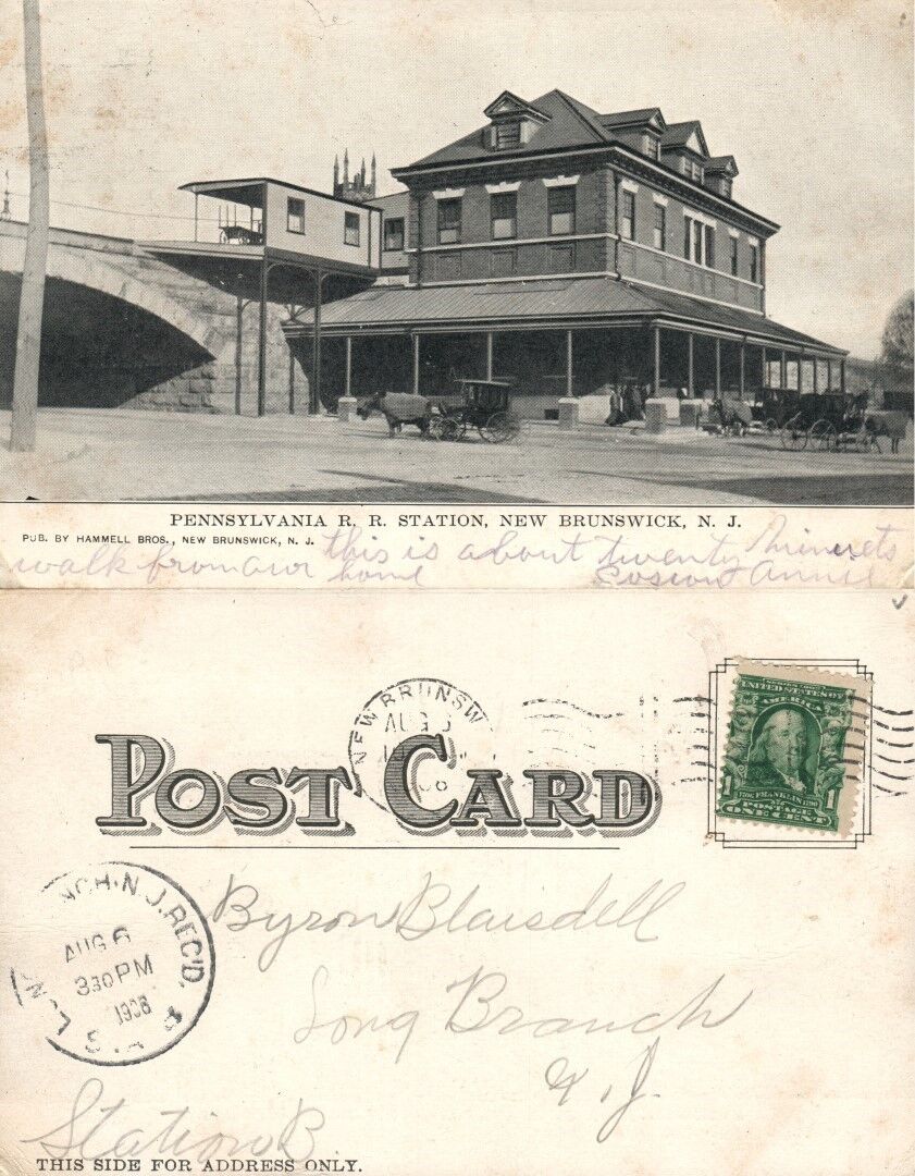 NEW BRUNSWICK  N.J. PENNSYLVANIA RAILROAD STATION 1906 ANTIQUE POSTCARD railway