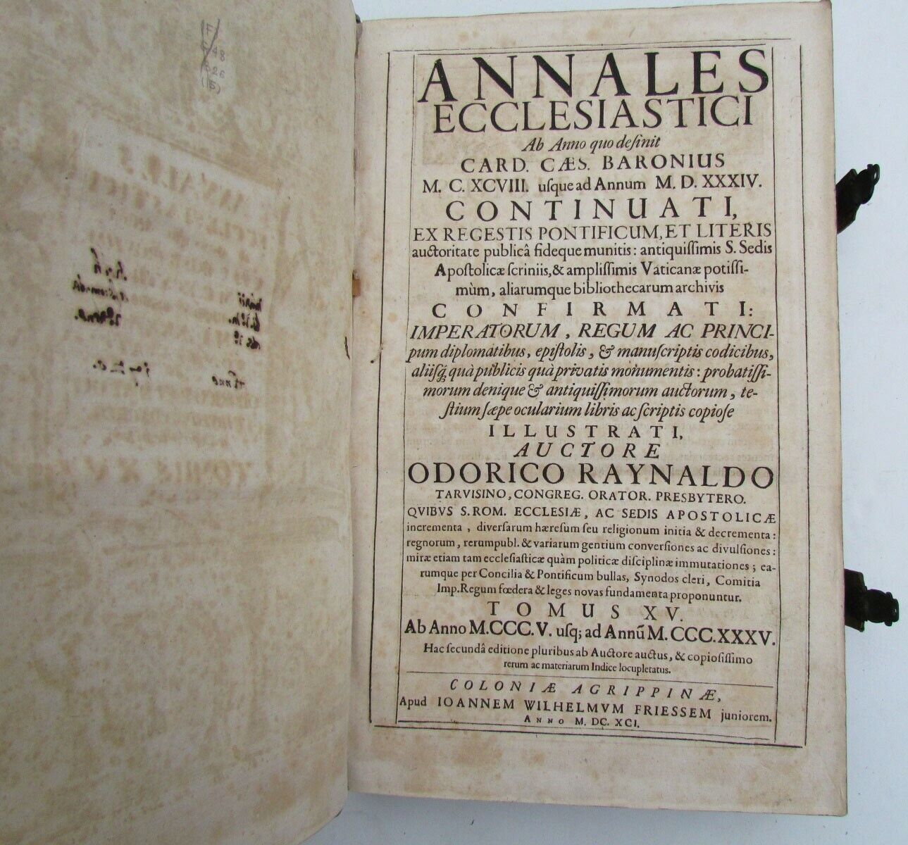 1691 BLIND-STAMPED PIGSKIN OVER WOODEN BOARDS FOLIO ANNALES ECCLESIASTICI Vol.15