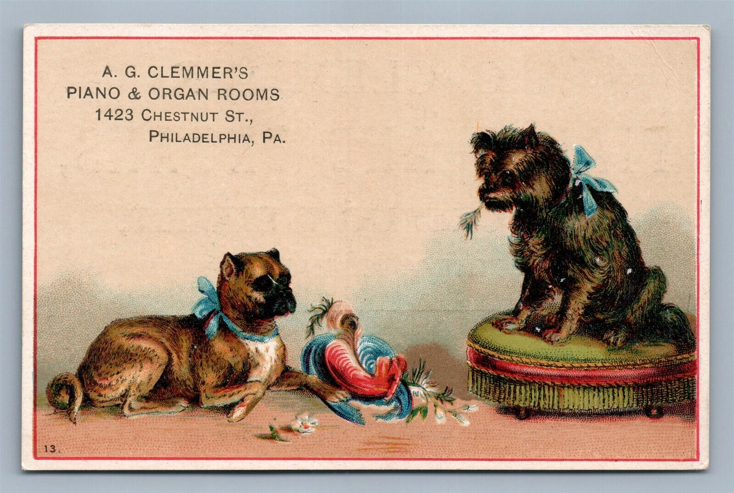 PHILADELPHIA PA ANTIQUE VICTORIAN TRADE CARD CLEMMER'S PIANO & ORGAN ADVERTISING