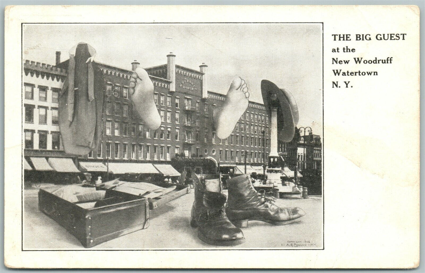 WATERTOWN N.Y. NEW WOODRUFF HOTEL BIG GUEST EXAGGERATED ANTIQUE 1910 POSTCARD