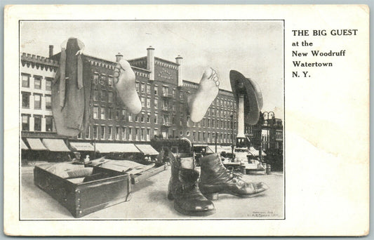 WATERTOWN N.Y. NEW WOODRUFF HOTEL BIG GUEST EXAGGERATED ANTIQUE 1910 POSTCARD