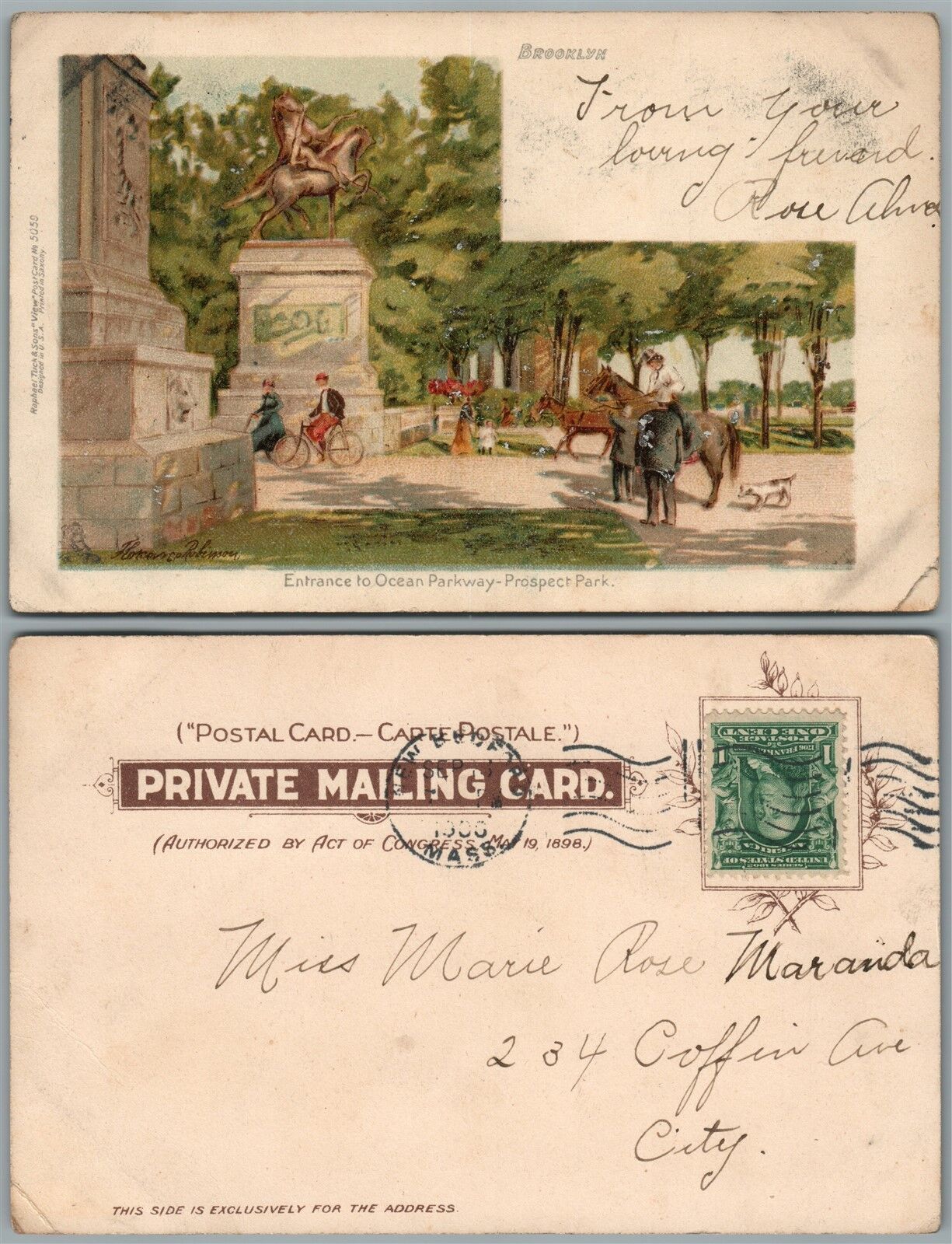 BROOKLYN N.Y. OCEAN PARKWAY PROSPECT PARK UNDIVIDED ANTIQUE POSTCARD