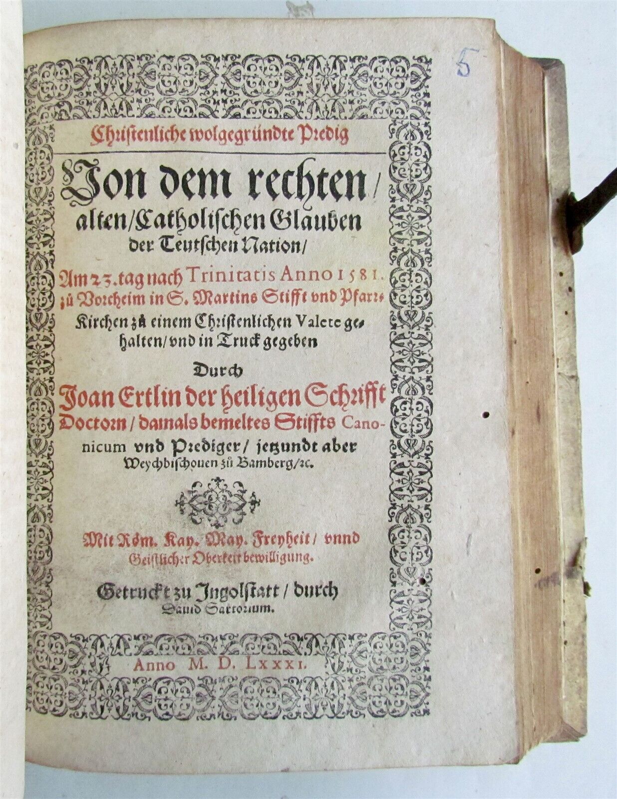 1581 GERMAN RELIGIOUS SERMONS antique PIGSKIN BINDING 16th CENTURY