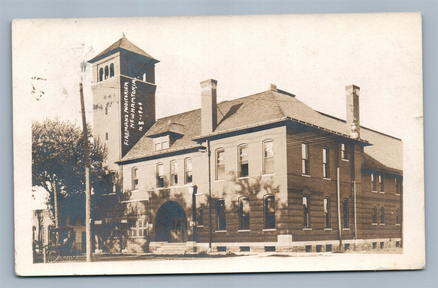 NEW HAMPTON IA FIREMAN'S AUDITORIUM ANTIQUE REAL PHOTO POSTCARD RPPC