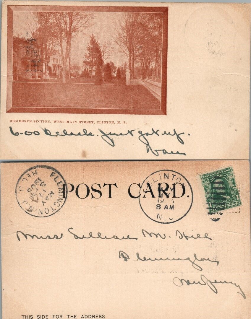 ANTIQUE 1905 POSTCARD RESIDENCE SECTION WEST MAIN STREET CLINTON N.J.