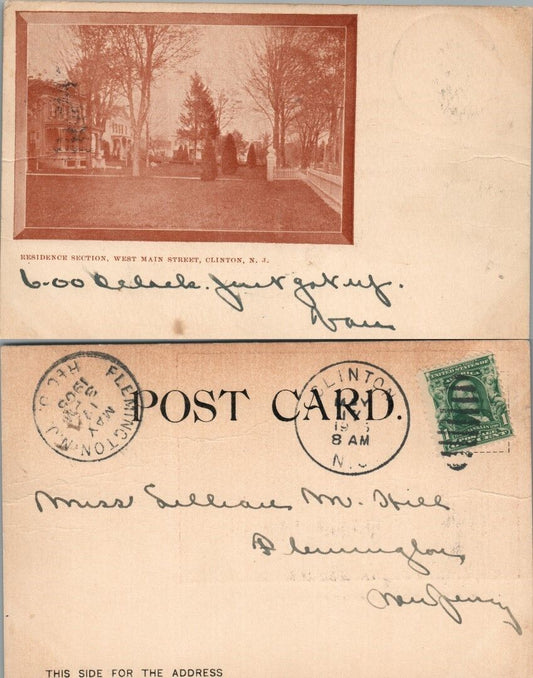 ANTIQUE 1905 POSTCARD RESIDENCE SECTION WEST MAIN STREET CLINTON N.J.
