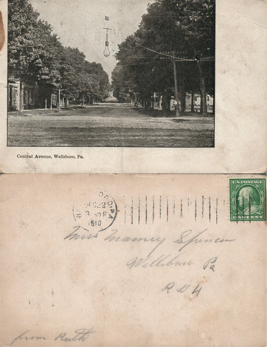 WELLSBORO PA CENTRAL AVENUE 1910 ANTIQUE POSTCARD