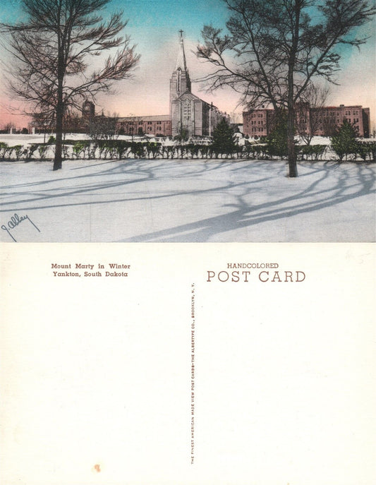 YANKTON S.D. MOUNT MARTY IN WINTER HAND COLORED VINTAGE POSTCARD