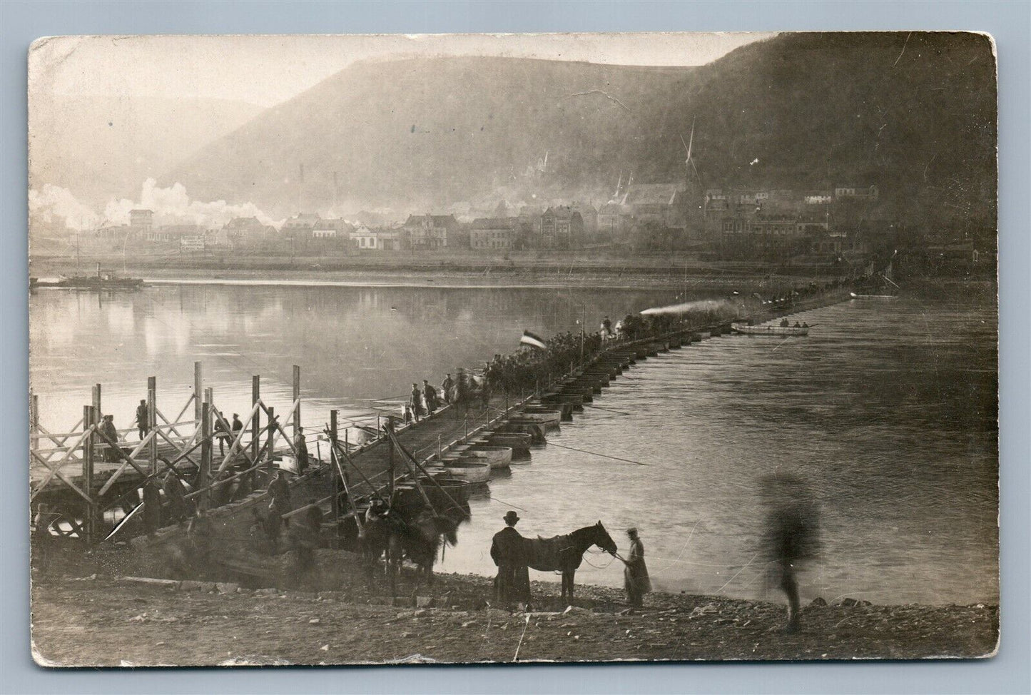 PONTOON BRIDGE w/ MILITARY TROOPS 1919 ANTIQUE REAL PHOTO POSTCARD RPPC