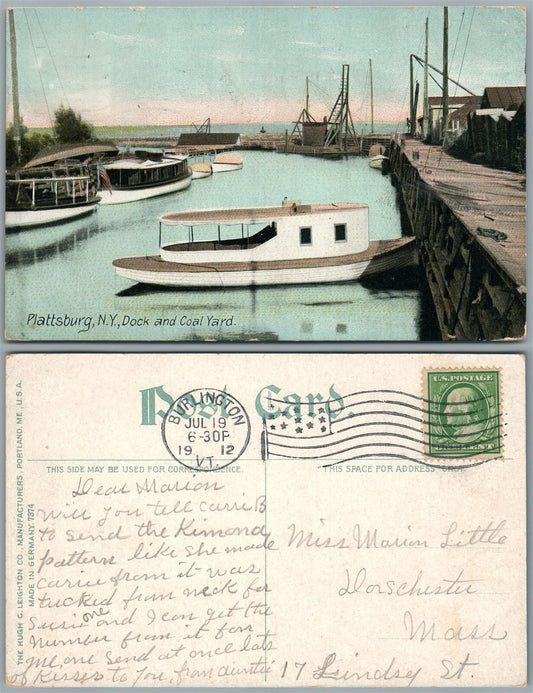 PLATTSBURG N.Y. DOCK & COAL YARD 1912 ANTIQUE POSTCARD