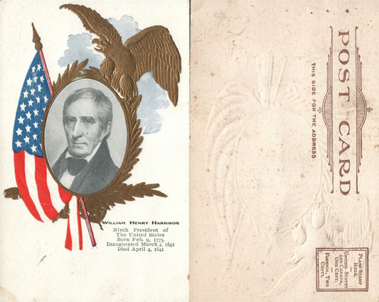 PATRIOTIC ANTIQUE UNDIVIDED EMBOSSED POSTCARD PRESIDEN WILLIAM HARRISON