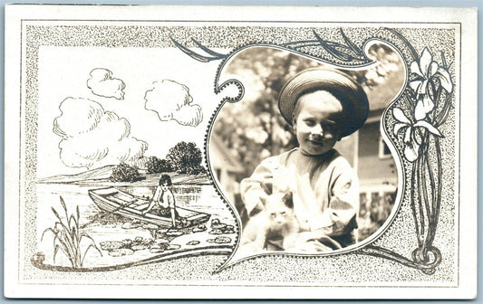 FISHER BOY w/ CAT ANTIQUE REAL PHOTO POSTCARD RPPC