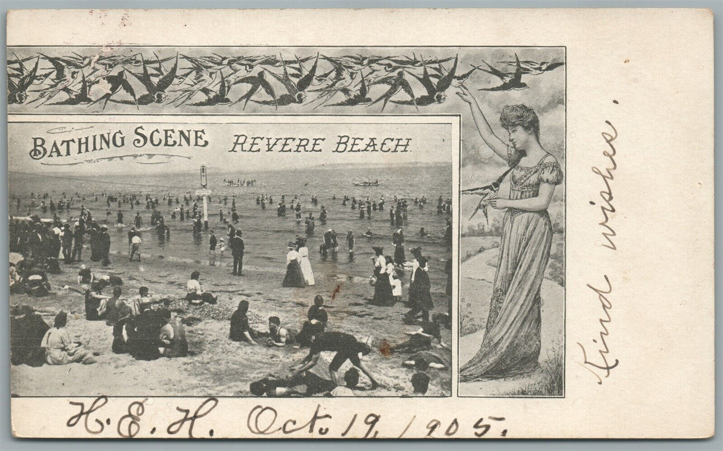REVERE BEACH MA BATHING SCENE ANTIQUE POSTCARD