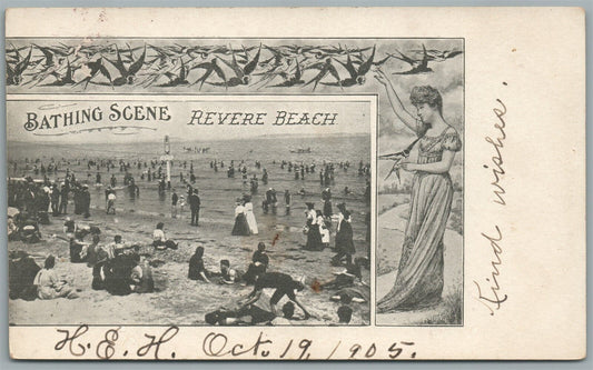 REVERE BEACH MA BATHING SCENE ANTIQUE POSTCARD