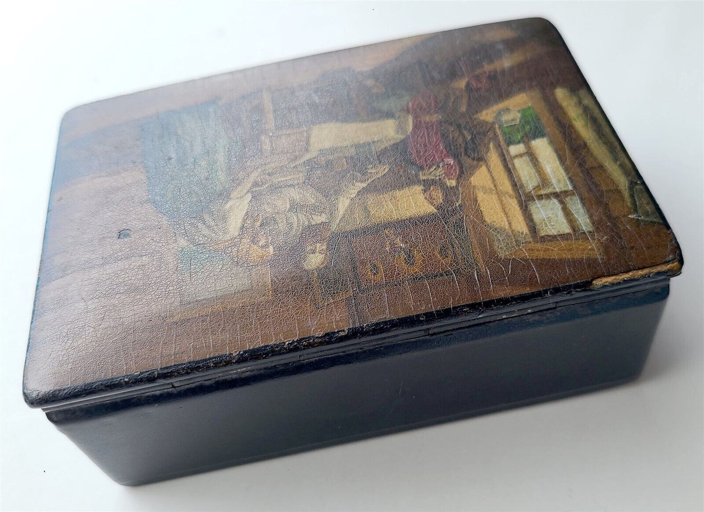 RUSSIAN ANTIQUE LACQUER BOX HAND PAINTED VINTAGE COUNTRY GENRE SCENE