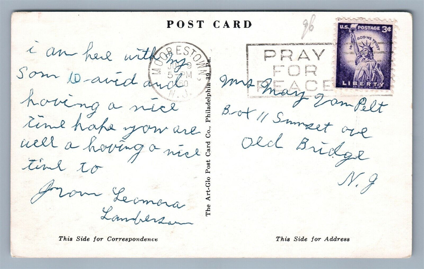 MOORESTOWN NJ LUTHERAN HOME ANTIQUE POSTCARD w/ PRAY FOR PEACE STAMP