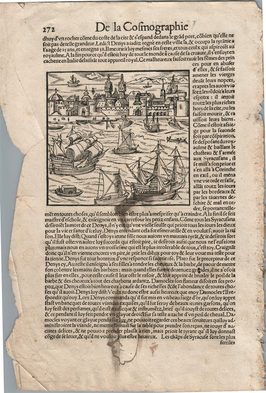 1575 SYRACUSE ITALY VIEW LEAF from BELLEFOREST EDITION of MUNSTER COSMOGRAPHY