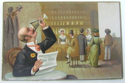 WINE DRINKERS MECHANICAL DOUBLE SIDED COMIC ANTIQUE POSTCARD