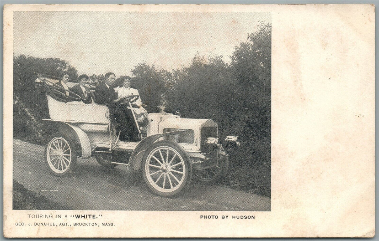 BROCKTON MA TOURING in a WHITE - OLD AUTOMOBILE ANTIQUE POSTCARD