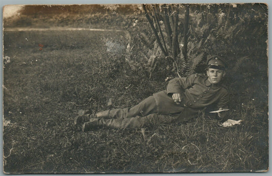 GERMAN WWI SOLDIER w/ CIGAR & LETTER FELDPOST ANTIQUE REAL PHOTO POSTCARD RPPC