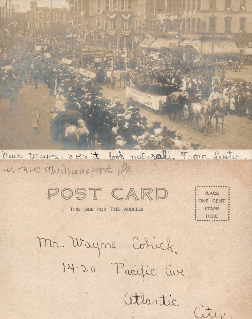 WILLIAMSPORT PA STREET PARADE ANTIQUE RPPC REAL PHOTO POSTCARD American flags