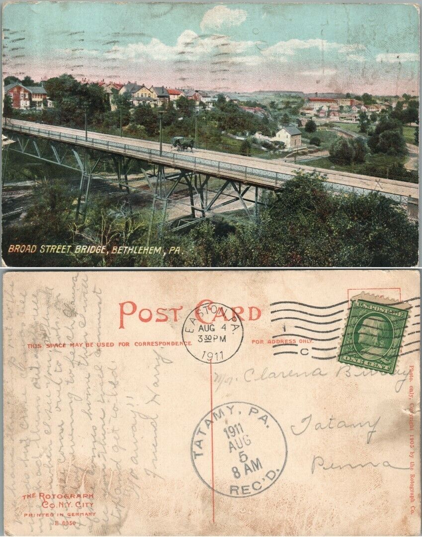 ANTIQUE 1911 POSTCARD BROAD STREET BRIDGE BETHLEHEM PA