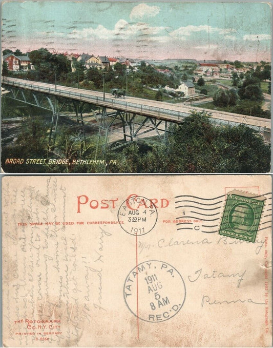 ANTIQUE 1911 POSTCARD BROAD STREET BRIDGE BETHLEHEM PA