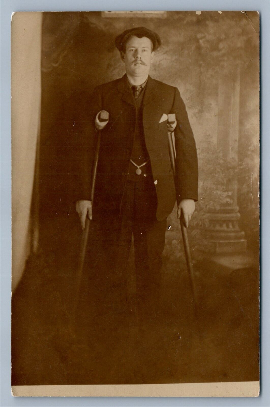 DISABLED MAN w/ CRUTCHES ANTIQUE REAL PHOTO POSTCARD RPPC