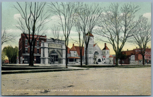 GOUVERNEUR NY ARCH & PRESBYTERIAN CHURCH ANTIQUE POSTCARD