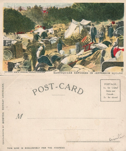 SAN FRANCISCO CA 1906 EARTHQUAKE REFUGEES IN JEFFERSON SQUARE ANTIQUE POSTCARD