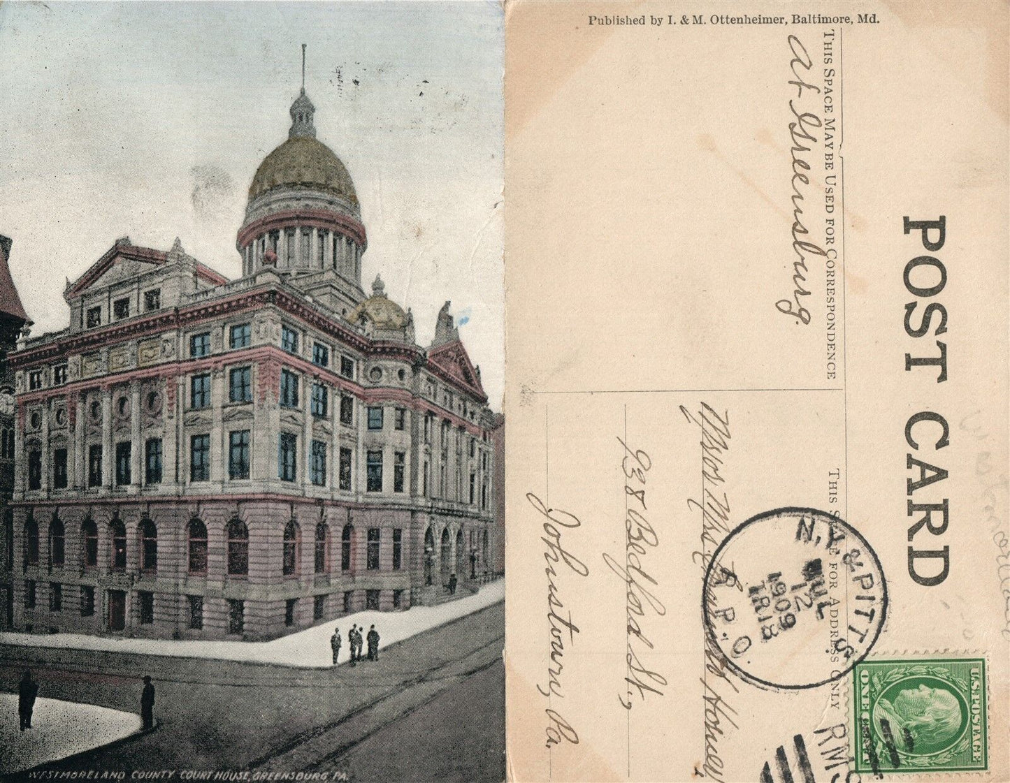 GREENSBURG PA WEST MORELAND COUNTY COURT HOUSE 1909 ANTIQUE POSTCARD CORK STAMP