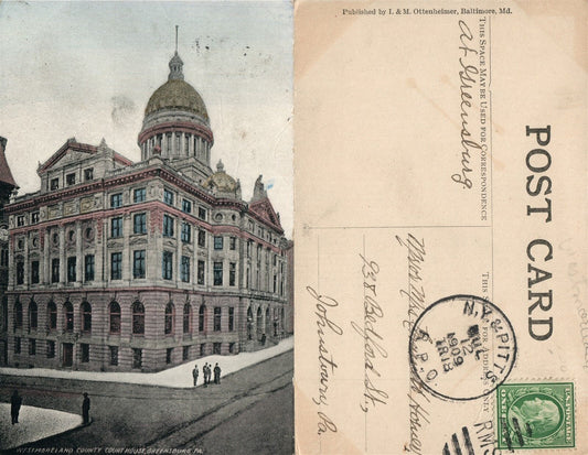 GREENSBURG PA WEST MORELAND COUNTY COURT HOUSE 1909 ANTIQUE POSTCARD CORK STAMP