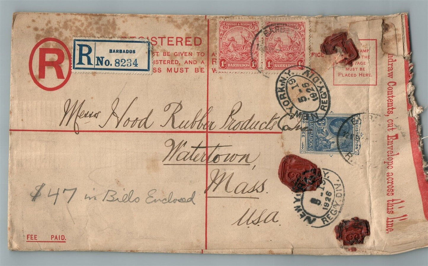 BARBADOS to NEW YORK USA ANTIQUE COVER w/ STAMPS & WAX SEALS