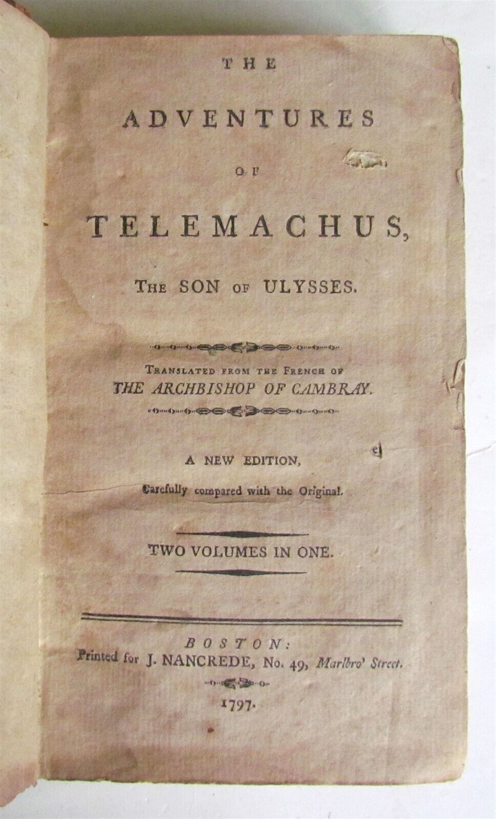 1797 ADVENTURES of TELEMACHUS antique printed in BOSTON AMERICANA