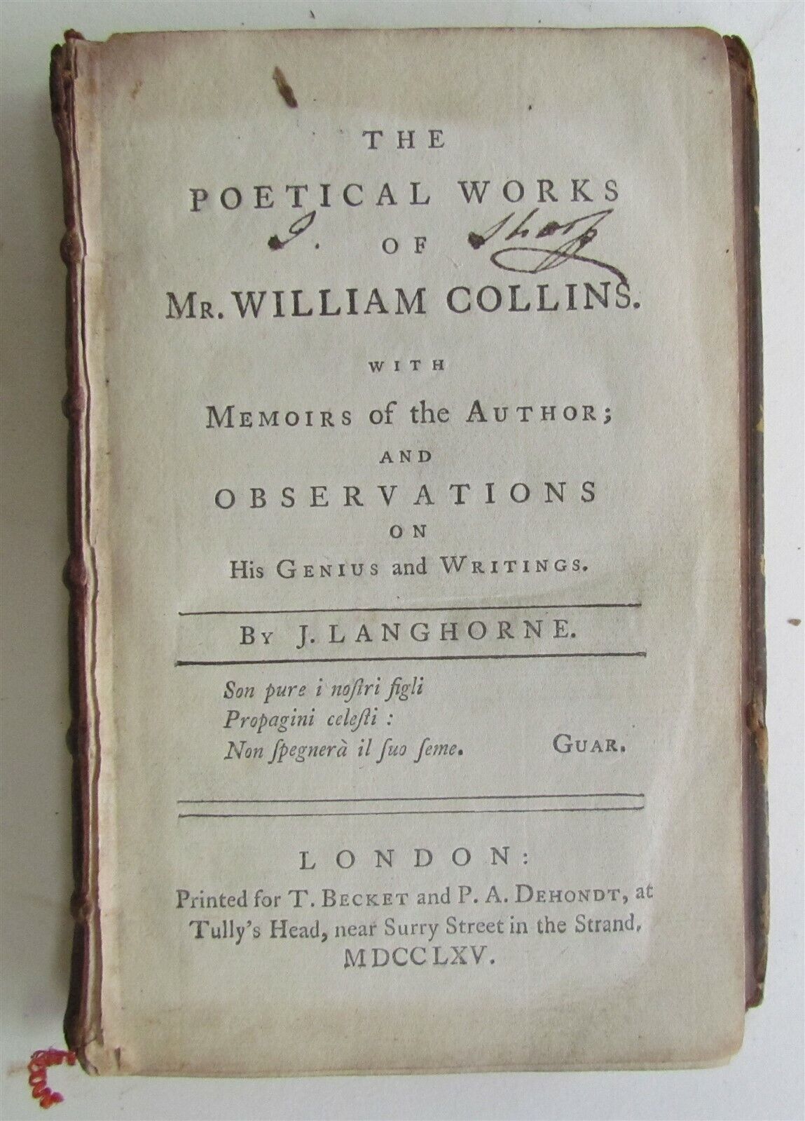 1765 POETICAL WORKS of WILLIAM COLLINS by J. LANGHORNE ANTIQUE in ENGLISH