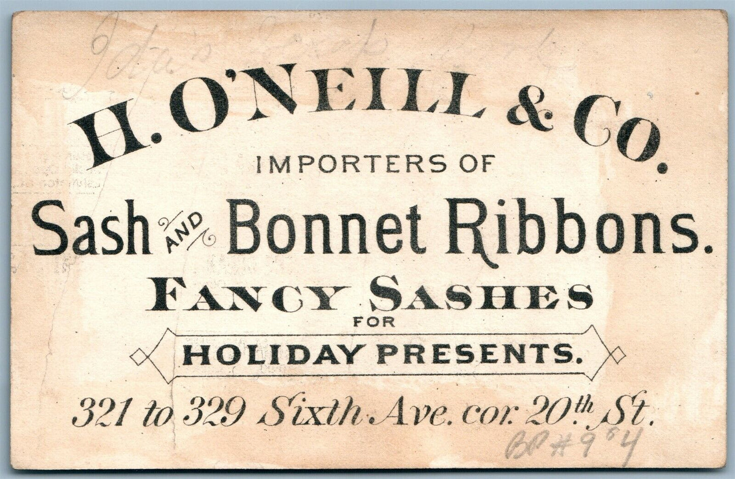 SASH & BONNET RIBBONS ANTIQUE ADVERTISING VICTORIAN TRADE CARD